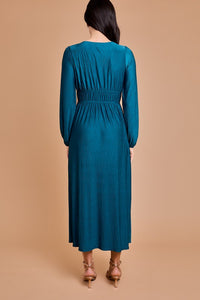 Teal Deep V-Neck Long Sleeve Maxi Dress