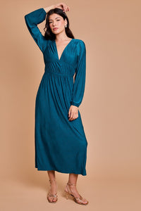 Teal Deep V-Neck Long Sleeve Maxi Dress