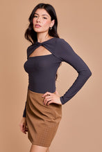 Charcoal Front Twist Cut Out Detail Long Sleeve Bodysuit