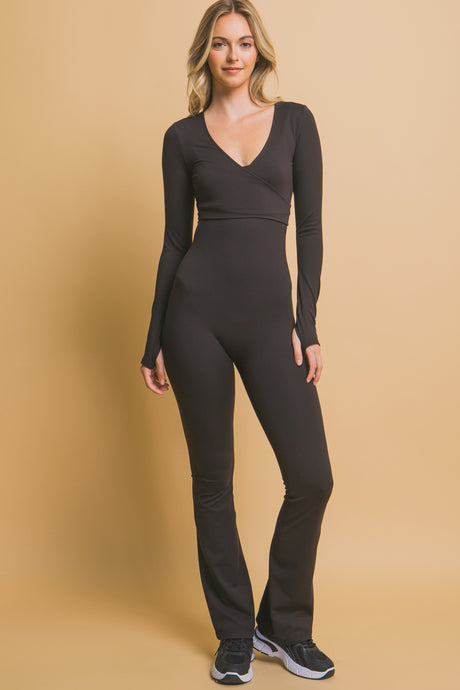 Black Jumpsuit Wrap Long Sleeve With Thumbholes