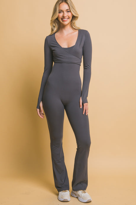 Coal Grey Jumpsuit Wrap Long Sleeve With Thumbholes