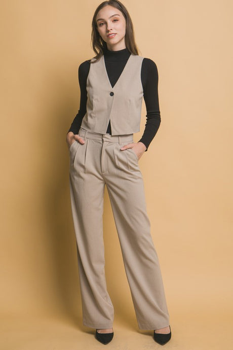 Beige Pinstripe Wide Leg Pants