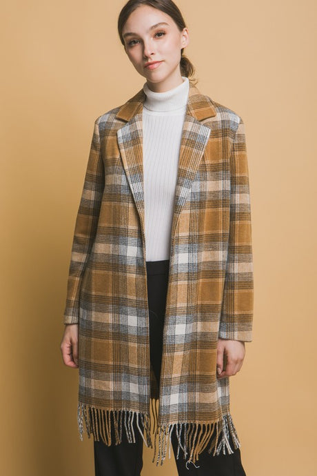 Camel Fringed Plaid Coat