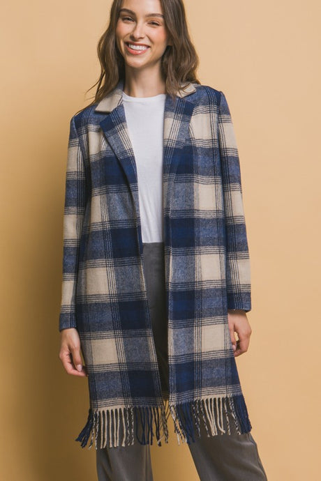Navy Fringed Plaid Coat