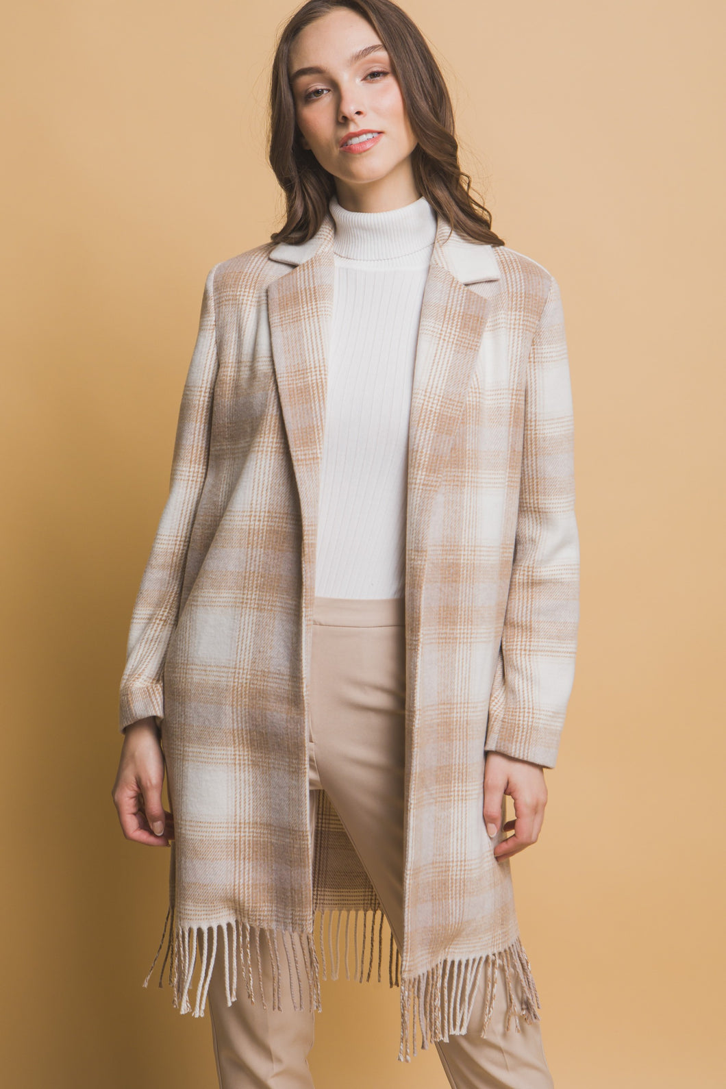 Beige Fringed Plaid Coat