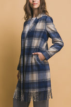 Navy Fringed Plaid Coat