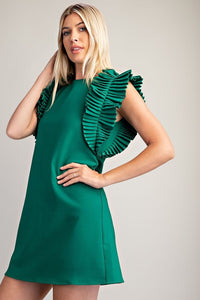 Hunter Green Pleated Shoulder Mini Dress