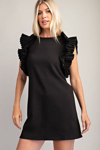 Black Pleated Shoulder Mini Dress