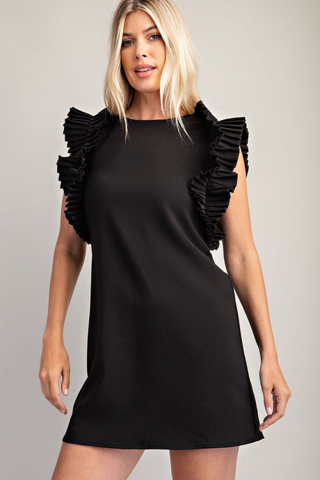 Black Pleated Shoulder Mini Dress