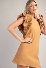 Camel Pleated Shoulder Mini Dress