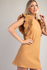 Camel Pleated Shoulder Mini Dress