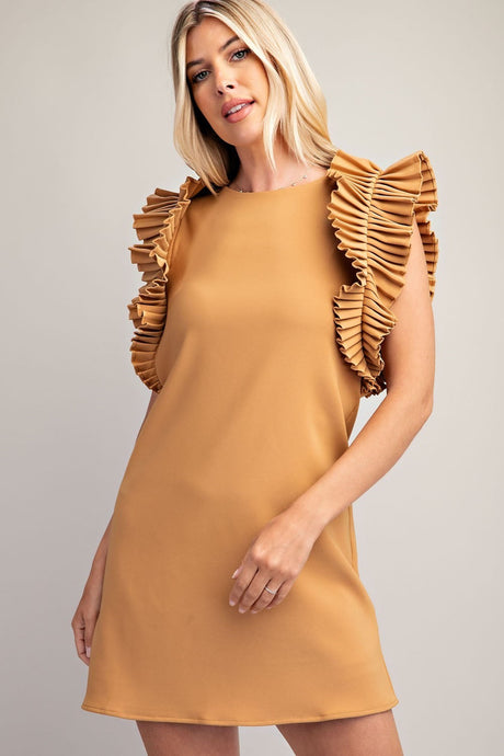 Camel Pleated Shoulder Mini Dress