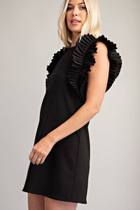 Black Pleated Shoulder Mini Dress