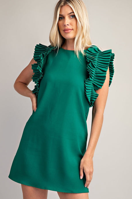 Hunter Green Pleated Shoulder Mini Dress