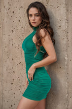 Teal Sexy Hotfix Rhinestone Mock Neck Halter Mini Dress
