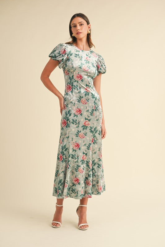 floral mermaid midi dress Green Puff Sleeve Velvet Floral Mermaid Midi Dress – Aquarius Brand