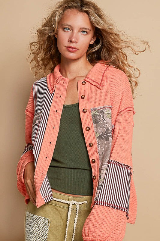 Orange Balloon Sleeve Thermal Edge Detail Collar Jacket