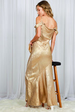 Gold Cold Shoulder Fitted Metallic Foil Maxi Dress