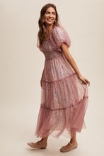 Dusty Rose Floral Print And Mesh Puff Sleeve Maxi Dress