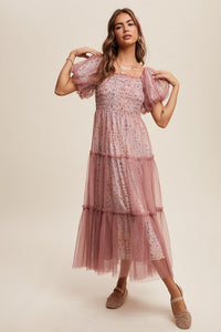 Dusty Rose Floral Print And Mesh Puff Sleeve Maxi Dress