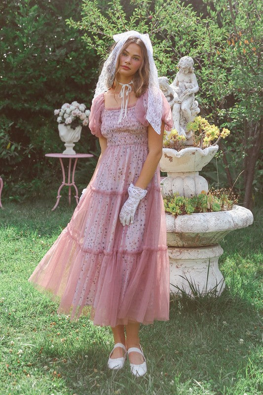 Dusty Rose Floral Print And Mesh Puff Sleeve Maxi Dress – Aquarius Brand