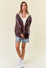Chocolate/Lt.Beige Vegan Leather Hooded Jacket W/ Welt Pocket