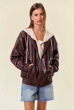 Chocolate/Lt.Beige Vegan Leather Hooded Jacket W/ Welt Pocket
