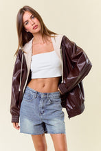 Chocolate/Lt.Beige Vegan Leather Hooded Jacket W/ Welt Pocket