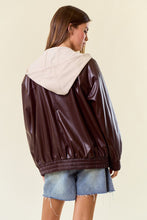 Chocolate/Lt.Beige Vegan Leather Hooded Jacket W/ Welt Pocket