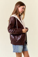 Chocolate/Lt.Beige Vegan Leather Hooded Jacket W/ Welt Pocket