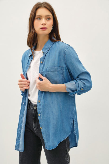 Med Wash Denim Tencel Button Up Oversized Shirt
