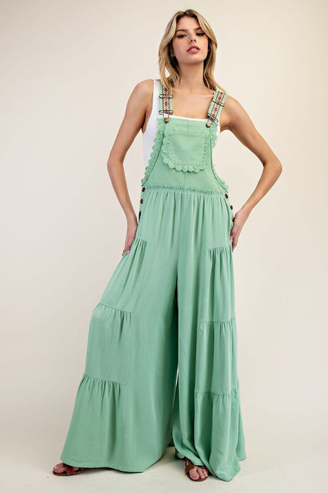 Pastel Green Lace Trim Tiered Sleeveless Jumpsuit