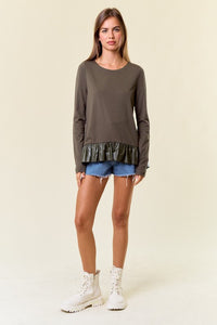Army PU Ruffled Babydoll Long Sleeve Top