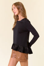 Black PU Ruffled Babydoll Long Sleeve Top