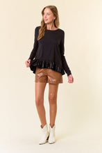 Black PU Ruffled Babydoll Long Sleeve Top