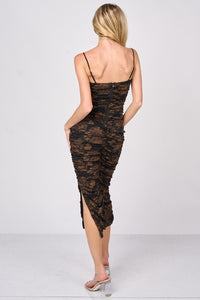 Gold Floral Print Shinny Mesh Ruched Slitted Midi Dress
