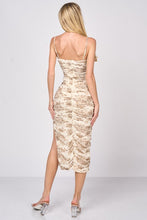 Sand Floral Print Shinny Mesh Ruched Slitted Midi Dress