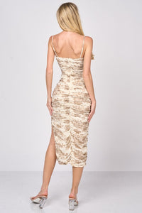 Sand Floral Print Shinny Mesh Ruched Slitted Midi Dress