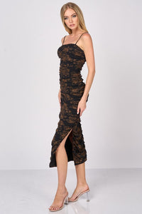 Gold Floral Print Shinny Mesh Ruched Slitted Midi Dress