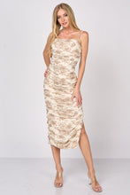 Sand Floral Print Shinny Mesh Ruched Slitted Midi Dress