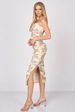 Sand Floral Print Shinny Mesh Ruched Slitted Midi Dress