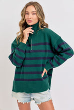Hunter/Navy Striped Zip-Front Oversized Pullover Knit Sweater