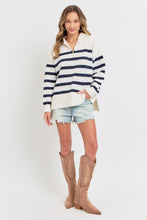 Cream/Navy Striped Zip-Front Oversized Pullover Knit Sweater