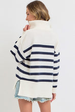 Cream/Navy Striped Zip-Front Oversized Pullover Knit Sweater