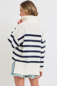 Cream/Navy Striped Zip-Front Oversized Pullover Knit Sweater
