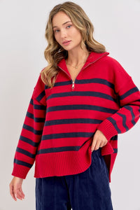 Red/Navy Striped Zip-Front Oversized Pullover Knit Sweater