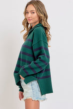 Hunter/Navy Striped Zip-Front Oversized Pullover Knit Sweater