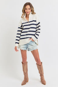 Cream/Navy Striped Zip-Front Oversized Pullover Knit Sweater