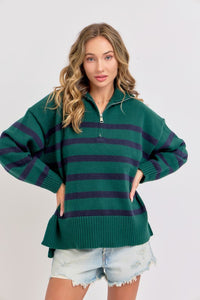 Hunter/Navy Striped Zip-Front Oversized Pullover Knit Sweater