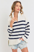 Cream/Navy Striped Zip-Front Oversized Pullover Knit Sweater